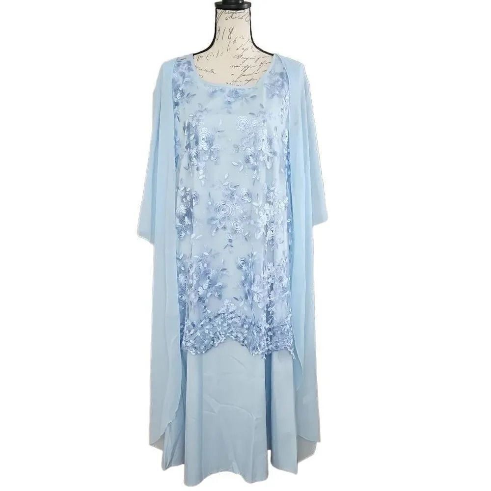 Women's Size 3X Blue Floral Embroidered Sleeveless Dress with Overwrap